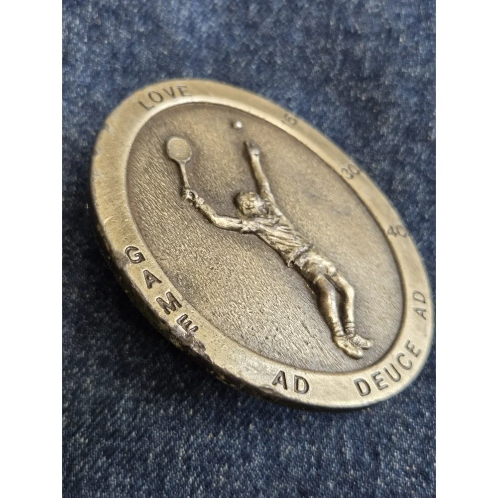 Vintage 1977 Bergamot Tennis Player Brass Belt Buckle - Rare Heavy